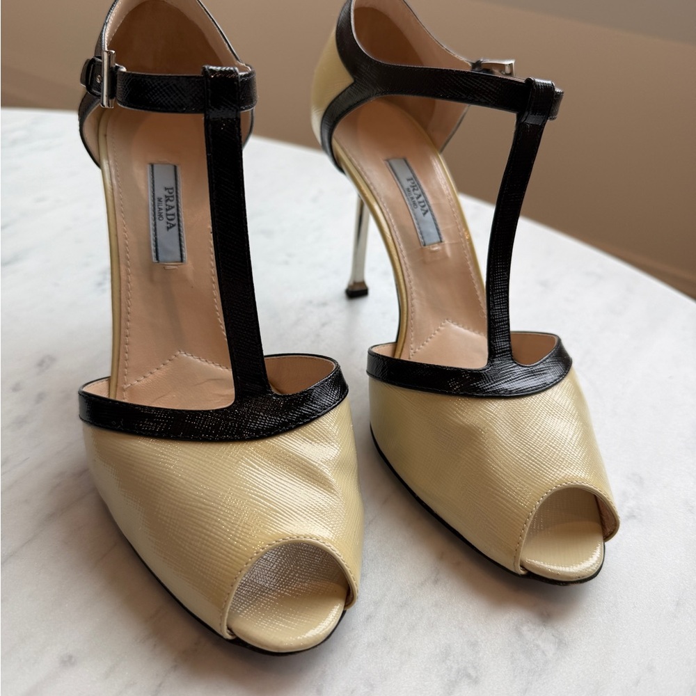 Prada Cream and Black T-Strap Peep-Toe Stiletto Shoes with Silver Hardware